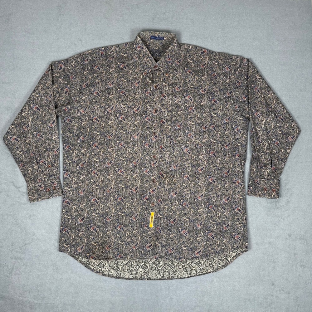BD Baggies Mens Large Paisley Button Down Shirt Cotton Long Sleeve Olive Green